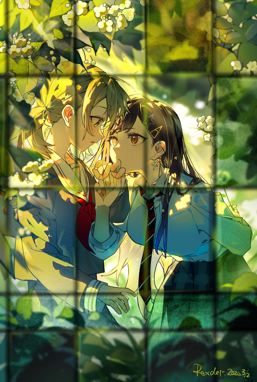 2girls absurdres arm_behind_back azusawa_kohane blue_hair breasts brown_eyes commentary_request dark_blue_hair earrings flower greenhouse hair_ornament hairclip highres holding holding_flower jewelry jingzhaowhale light_brown_hair long_hair low_twintails multiple_girls necktie orange_eyes parted_lips project_sekai shiraishi_an star_(symbol) star_hair_ornament twintails yuri