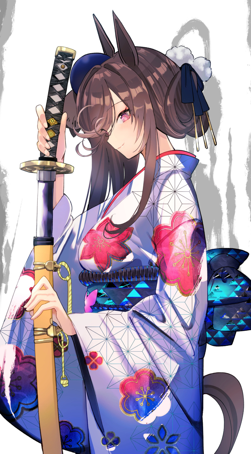 1girl animal_ears bow brown_hair dress hair_ornament hair_over_one_eye hat highres holding holding_sword holding_weapon horse_ears horse_girl horse_tail japanese_clothes katana kimono long_hair long_sleeves pink_eyes print_kimono purple_eyes rice_shower_(umamusume) sheath sheathed smile solo sword tail tilted_headwear umamusume unsheathing weapon wide_sleeves yomean!