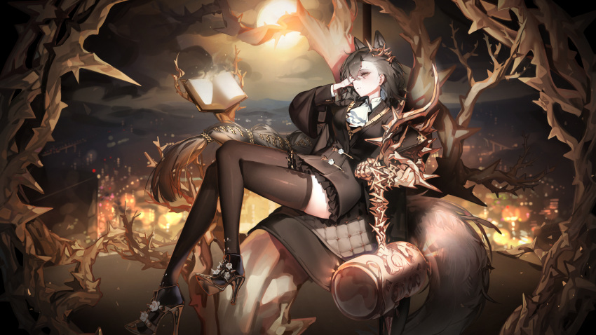 1girl absurdres animal_ears arknights ascot black_coat black_thighhighs book border braid brown_hair coat commentary english_commentary full_body full_moon gold_trim hair_ornament hammer hand_up highres in_tree moon mountainous_horizon open_book ornate_border outdoors penance_(arknights) ponytail ribiadan sitting sitting_in_tree solo swept_bangs tail thighhighs thorns tree white_ascot wolf_ears wolf_girl wolf_tail