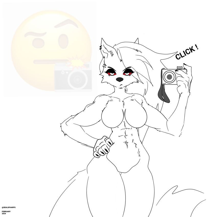 1:1 abs absurd_res anthro black_nails breasts camera caught_in_4k caught_on_camera caught_staring colored_nails disappointed ear_piercing emoji exposed_breasts featureless_breasts featureless_crotch female fluffy fluffy_tail fur goth hair harpseal helluva_boss hi_res lanyard long_hair looking_at_viewer loona_(helluva_boss) meme meme_pose muscular nails navel nude piercing red_sclera solo standing stare tail thick_tail thick_thighs white_body white_eyes white_fur wide_hips