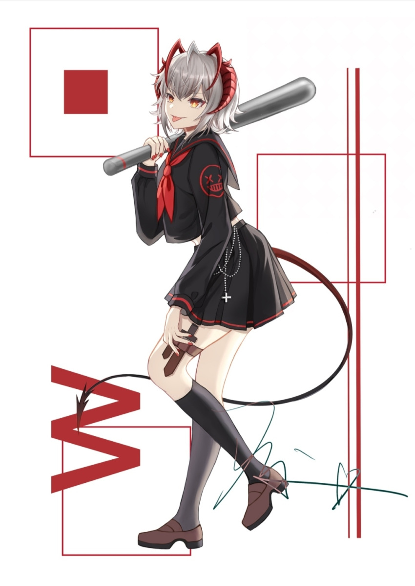 1girl antenna_hair arknights baseball_bat black_serafuku black_socks demon_girl demon_horns grey_hair highres horns knife_sheath long_sleeves looking_at_viewer necktie qianxiaxiale red_nails school_uniform serafuku sheath shoes short_hair simple_background skirt smile socks solo tail tongue tongue_out uniform w_(arknights) yellow_background