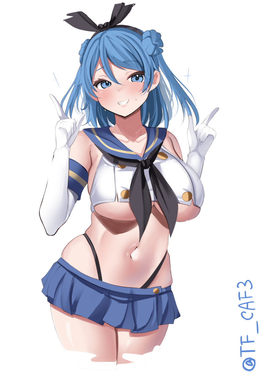 1girl :d animal_ears black_neckerchief black_panties blue_hair blue_sailor_collar blue_skirt breasts collarbone commentary_request cosplay crop_top cropped_legs double_bun elbow_gloves fake_animal_ears gloves grin hair_bun hand_up hashtag_only_commentary hat highleg highleg_panties highres kantai_collection large_breasts long_hair microskirt midriff navel neckerchief one-hour_drawing_challenge panties pointing pointing_up sailor_collar shimakaze_(kancolle) shimakaze_(kancolle)_(cosplay) skirt smile solo striped_clothes tf_cafe twitter_username underboob underwear urakaze_(kancolle) white_background white_gloves