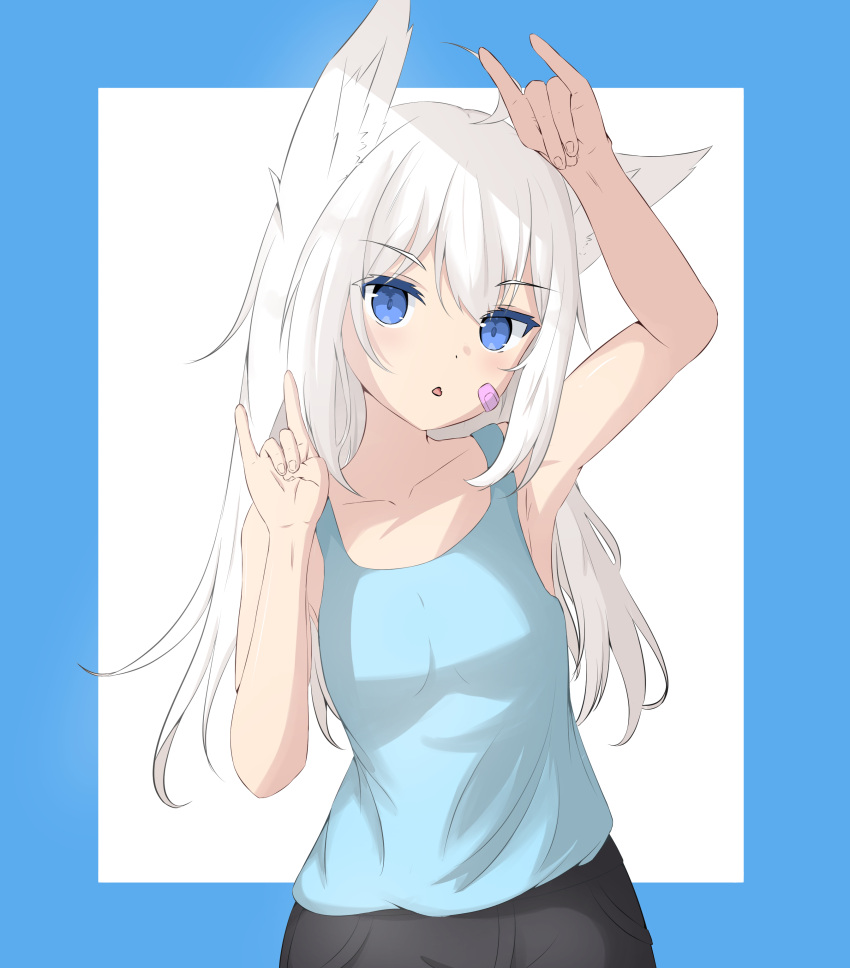 1girl absurdres ahoge animal_ear_fluff armpits bandaid bandaid_on_cheek bandaid_on_face bare_arms bare_shoulders black_pants blue_background blue_tank_top breasts collarbone commentary_request double_fox_shadow_puppet fox_girl fox_shadow_puppet hair_between_eyes highres kuronagi_(mitora_uwu) long_hair looking_at_viewer original pants parted_lips small_breasts solo tank_top two-tone_background very_long_hair white_background white_hair
