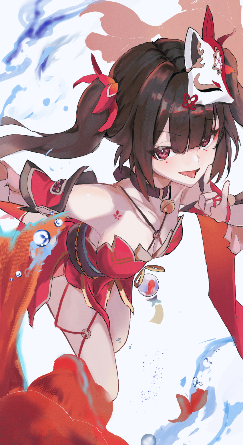1girl :d absurdres bare_shoulders bell black_choker blush bow breasts brown_hair choker criss-cross_halter detached_sleeves dress eyeliner feet_out_of_frame fish floating_hair fox_mask fox_shadow_puppet hair_between_eyes hair_bow halterneck hand_up highres honkai:_star_rail honkai_(series) long_hair looking_at_viewer makeup mask mask_on_head medium_breasts natumusumeab neck_bell o-ring obi open_mouth pelvic_curtain pink_eyes red_bow red_dress red_eyeliner red_sleeves sash short_sleeves sidelocks simple_background sleeveless sleeveless_dress smile solo sparkle_(honkai:_star_rail) tongue tongue_out twintails white_background
