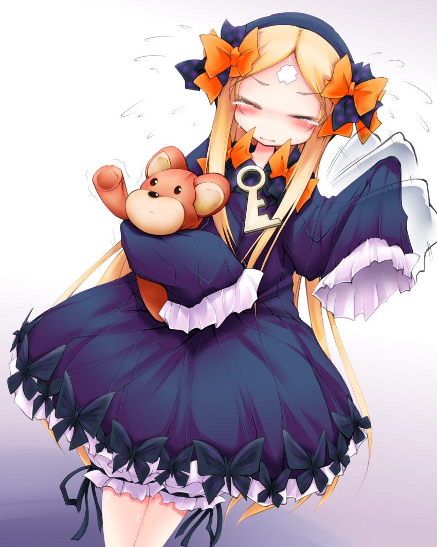 1girl abigail_williams_(fate/grand_order) afterimage anbee_(arary) blonde_hair bloomers blue_hairband blush bow bug butterfly dress dutch_angle embarrassed eyebrows_visible_through_hair eyes_closed facial_mark fate/grand_order fate_(series) female flying_sweatdrops forehead_mark gradient gradient_background hair_bow hairband hands_up have_to_pee highres holding insect key legs_together long_hair long_sleeves open_mouth orange_bow polka_dot polka_dot_bow purple_bow purple_dress simple_backgorund sleeves_past_fingers sleeves_past_wrists solo standing stuffed_animal stuffed_bear stuffed_toy sweat tears trembling underwear very_long_hair white_background white_bloomers