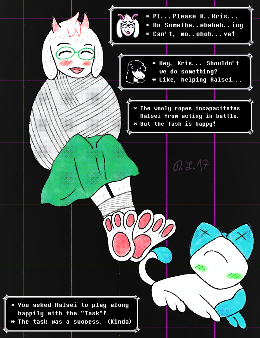 absurd_res bdsm bondage bound captured deltarune devluca17 english_text gid hi_res invalid_tag paws ralsei restrained speech_bubble tasque text tickling tiedup undertale_(series)