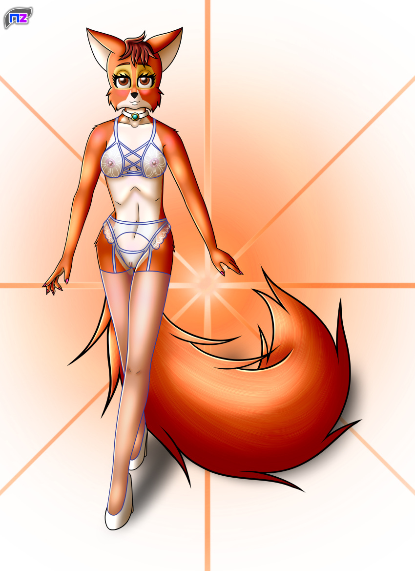 absurd_res anthro areola bra brown_eyes brown_hair canid canine cheek_tuft choker clothing collar colored_nails disney facial_tuft female fluffy fluffy_tail footwear fox garter_belt garter_straps genitals hair hi_res high_heels jewelry lace legwear lingerie long_tail maid_marian mammal nails necklace newzorra nipples orange_body pussy red_fox robin_hood_(disney) short_hair smile solo stockings strutting tail translucent translucent_clothing true_fox tuft underwear walking walking_towards_viewer