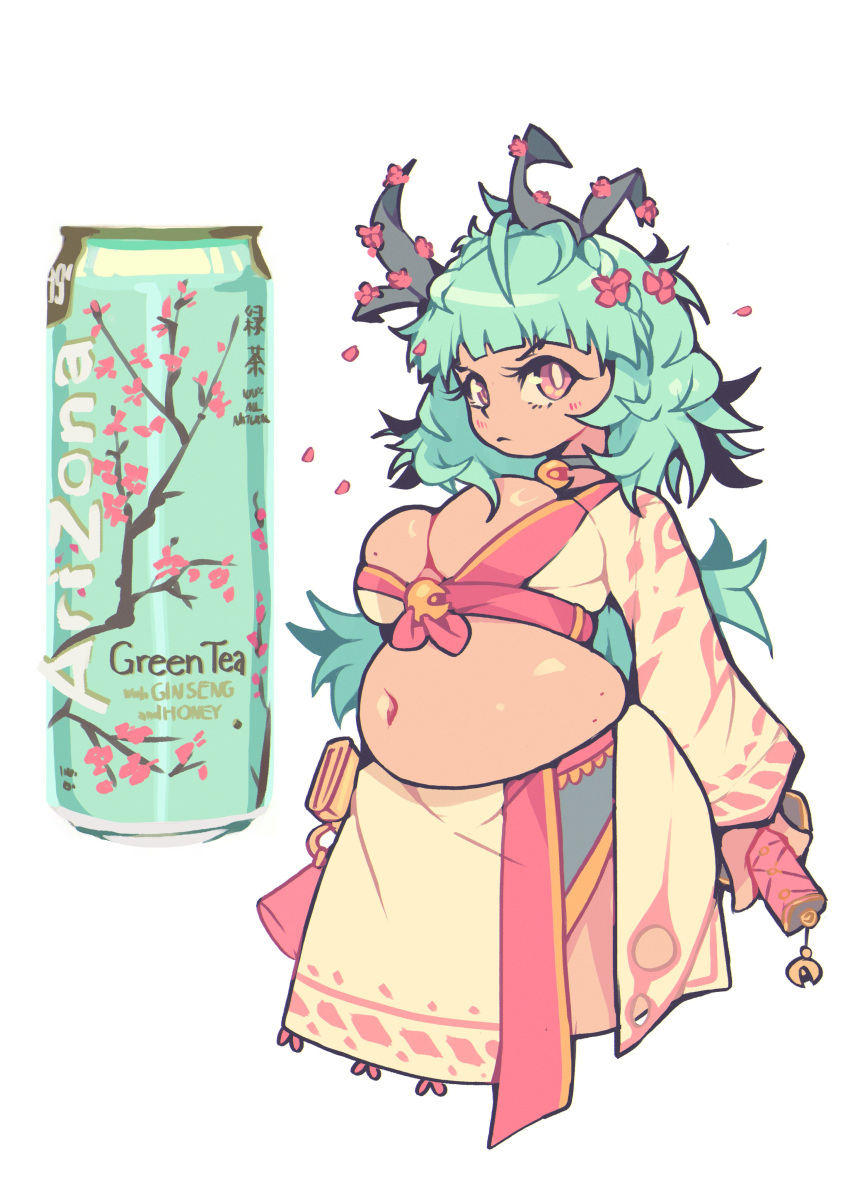 1girl absurdres arizona_(drink) big_belly blunt_bangs blush breasts can choker closed_mouth cowboy_shot cropped_legs drink_can english_commentary english_text green_hair highres holding large_breasts long_hair long_sleeves looking_at_viewer mole mole_on_breast mole_on_stomach navel original plump poorsdraws simple_background solo white_background
