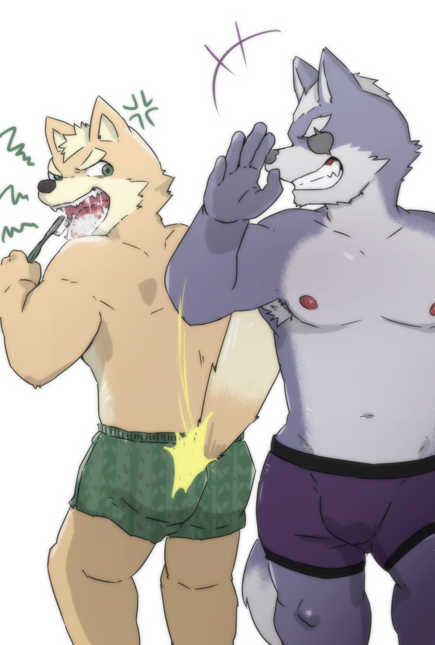 angry angry_face annoyed anthro armpit_hair belly black_nose black_seam_underwear blue_body blue_fur body_hair boxer_briefs bristled_tail brush brushing brushing_teeth bulge butt_slap canid canine canis clothed clothing colored_seam_underwear devious_grin duo eye_patch eyebrows eyewear fluffy fluffy_tail fox fox_mccloud front_view fur furrowed_brow green_clothing green_eyes green_underwear grin hair head_turned hi_res looking_back male male/male mammal motion_lines nintendo nipples open_mouth purple_clothing purple_underwear raised_arm rear_view romantic romantic_couple sharp_teeth shinki_k simple_background slap smile standing star_fox surprise tail tan_belly tan_eyebrows tan_hair teeth toothbrush toothbrush_in_mouth toothpaste toothpaste_foam underwear underwear_only walking_away white_background white_eyebrows white_hair wolf wolf_o'donnell yellow_body yellow_fur