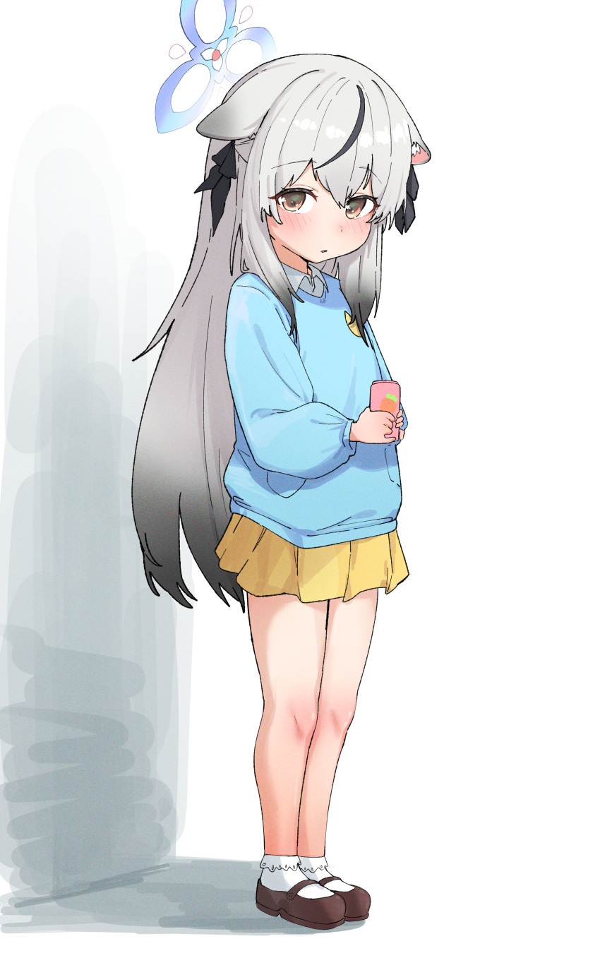 1girl absurdres animal_ears black_footwear blue_archive blue_shirt blush brown_eyes can doroshe_(sdpw8474) drink_can full_body grey_hair halo highres holding kindergarten_uniform kokona_(blue_archive) legs long_hair multicolored_hair pleated_skirt ribbon shirt shoes skirt socks soda_can solo standing streaked_hair thighs tiger_ears tiger_girl white_socks yellow_skirt