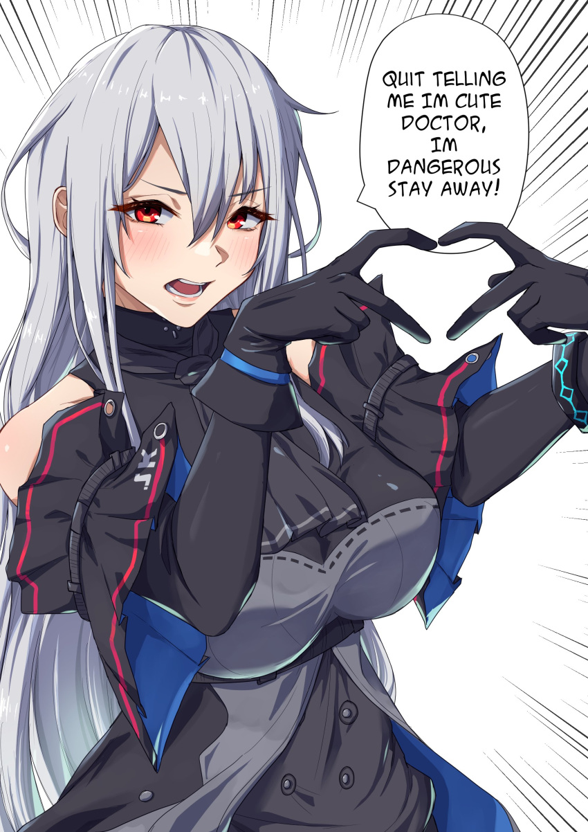 1girl absurdres arknights ascot bare_shoulders black_ascot black_gloves blush breasts commentary detached_sleeves elbow_gloves emphasis_lines gloves grey_hair highres infection_monitor_(arknights) large_breasts long_hair looking_at_viewer no_headwear open_mouth red_eyes short_sleeves skadi_(arknights) solo symmetricturd upper_body very_long_hair white_background