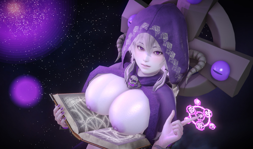 1girl 3d blush book breasts breasts_outside cape eyebrows_visible_through_hair frown grey_hair highres honey_select hood hood_up hooded_cape illusion_soft large_breasts lich lich_(monster_girl_encyclopedia) looking_at_viewer monster_girl monster_girl_encyclopedia nail_polish naked_cape nipples nude purple_eyes short_hair simple_background solo tagme undead upper_body white_skin