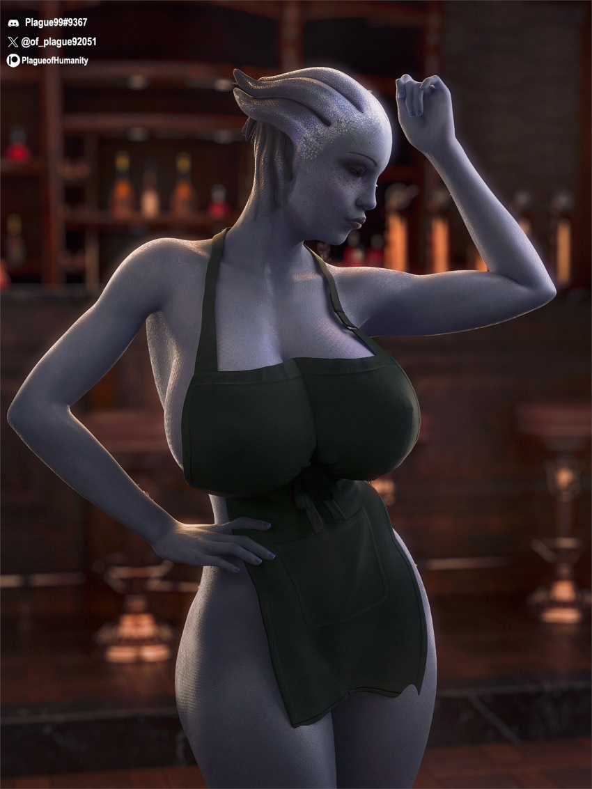 2024 3:4 3d_(artwork) alien alien_humanoid apron apron_only asari bar big_breasts blue_body blue_skin breasts clothing collarbone digital_media_(artwork) eyebrows eyes_closed female hand_on_hip hi_res huge_breasts humanoid liara_t'soni mass_effect not_furry plague_of_humanity_(artist) solo