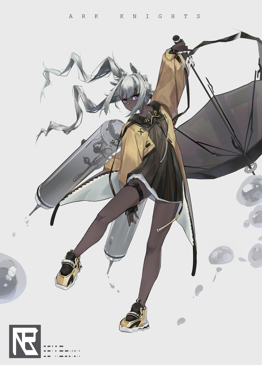 1girl absurdres arknights black_dress camel_ears coat commentary_request copyright_name dark-skinned_female dark_skin dress highres holding holding_umbrella long_hair long_sleeves looking_at_viewer nlarou open_mouth purple_eyes shoes simple_background sneakers solo thigh_strap tuye_(arknights) umbrella white_background white_hair yellow_coat yellow_footwear