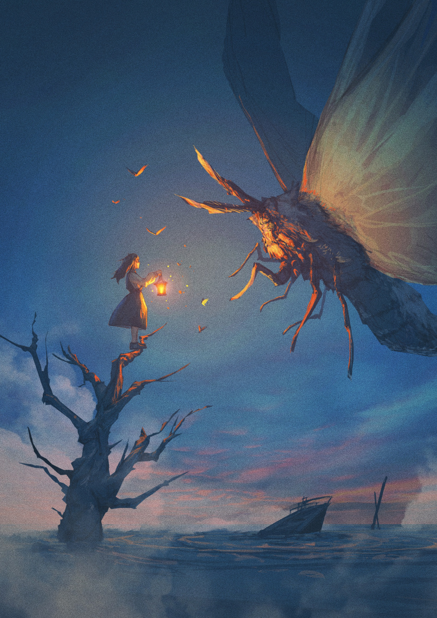 1girl absurdres bug butterfly dusk giant_insect highres holding holding_lantern lantern long_hair moth neg_(101neg) on_tree original overcast shipwreck skirt sky steam water