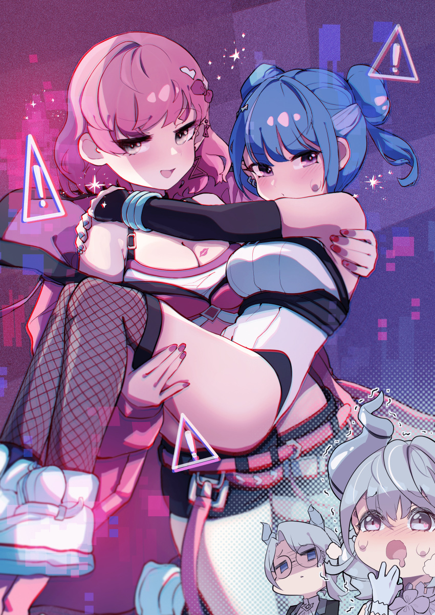 4girls absurdres arias_the_labrynth_butler blue_eyes blue_hair breasts c_civciv evil_twin_ki-sikil evil_twin_lil-la hair_bun highres jacket ki-sikil_(yu-gi-oh!) large_breasts lil-la_(yu-gi-oh!) lovely_labrynth_of_the_silver_castle multiple_girls open_mouth pink_hair short_hair smile yu-gi-oh!