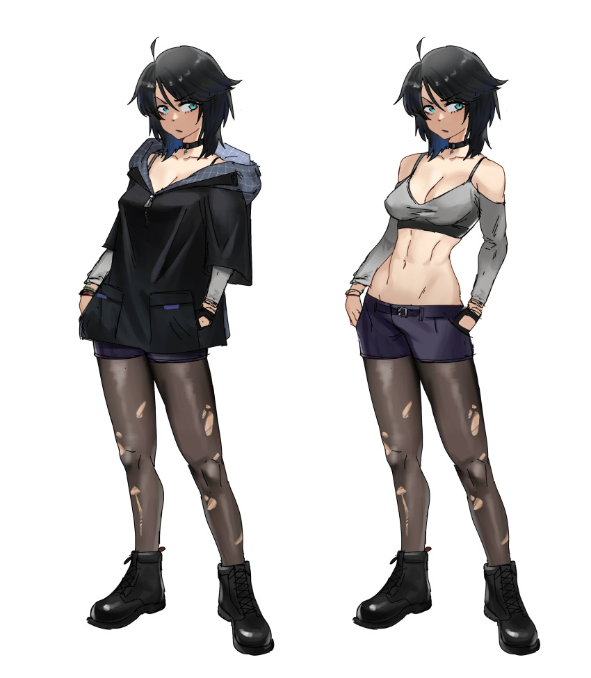1girl absurdres ahoge bare_shoulders black_hair blue_eyes boots breasts choker collarbone english_commentary full_body hands_in_pockets highres medium_breasts multiple_views navel original pantyhose reze_(rewindze) shorts simple_background torn_clothes torn_pantyhose white_background