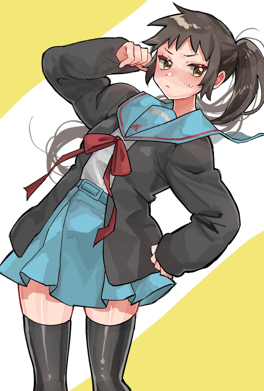 1girl azuki_sena belt black_cardigan black_hair blue_belt blue_sailor_collar blue_skirt blush cardigan closed_mouth commentary_request genderswap genderswap_(mtf) hand_up highres kita_high_school_uniform kyonko long_hair long_sleeves open_cardigan open_clothes ponytail red_ribbon ribbon sailor_collar school_uniform serafuku skirt solo standing suzumiya_haruhi_no_yuuutsu sweatdrop winter_uniform yellow_eyes