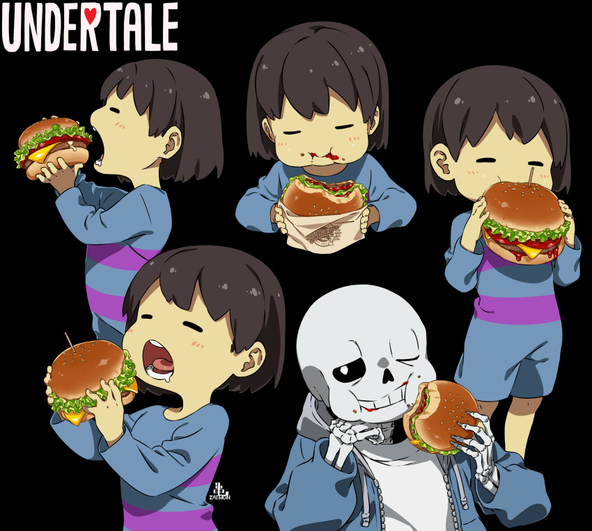 1boy 1other :i androgynous black_background blue_jacket brown_hair burger cel_shading chewing child copyright_name cropped_torso drawstring eating facing_viewer food food_on_face frisk_(undertale) from_side highres holding holding_food hood hood_down hooded_jacket jacket kamezaemon ketchup long_sleeves multiple_views no_nose one_eye_closed open_clothes open_jacket open_mouth other_focus profile romper sans shirt short_hair simple_background skeleton standing undertale upper_body white_shirt zipper