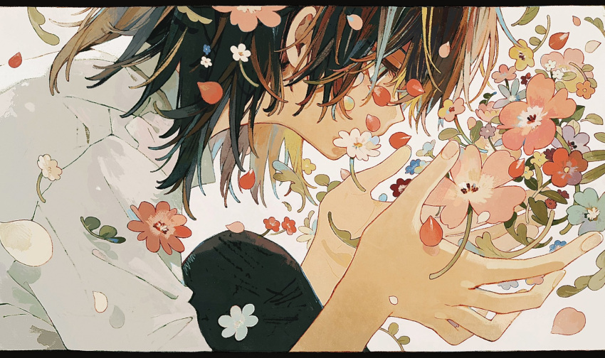 1boy black_hair blue_flower collared_shirt fingernails flower from_side hands_up highres ka_(marukogedago) knees_to_chest knees_up letterboxed medium_hair original petals pink_flower profile red_flower shirt sitting upper_body white_flower white_shirt