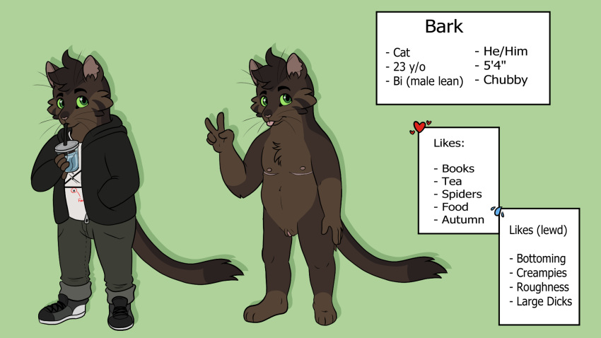 2020 andromorph anthro bark_(barkfur) barkfur_(artist) brown_body brown_fur clothing domestic_cat drinking english_text felid feline felis footwear fur genitals gesture green_background hand_gesture hi_res intersex jacket mammal mastectomy_scar model_sheet nude pussy scar shoes simple_background slightly_chubby smile solo text topwear trans_(lore) trans_man_(lore) v_sign