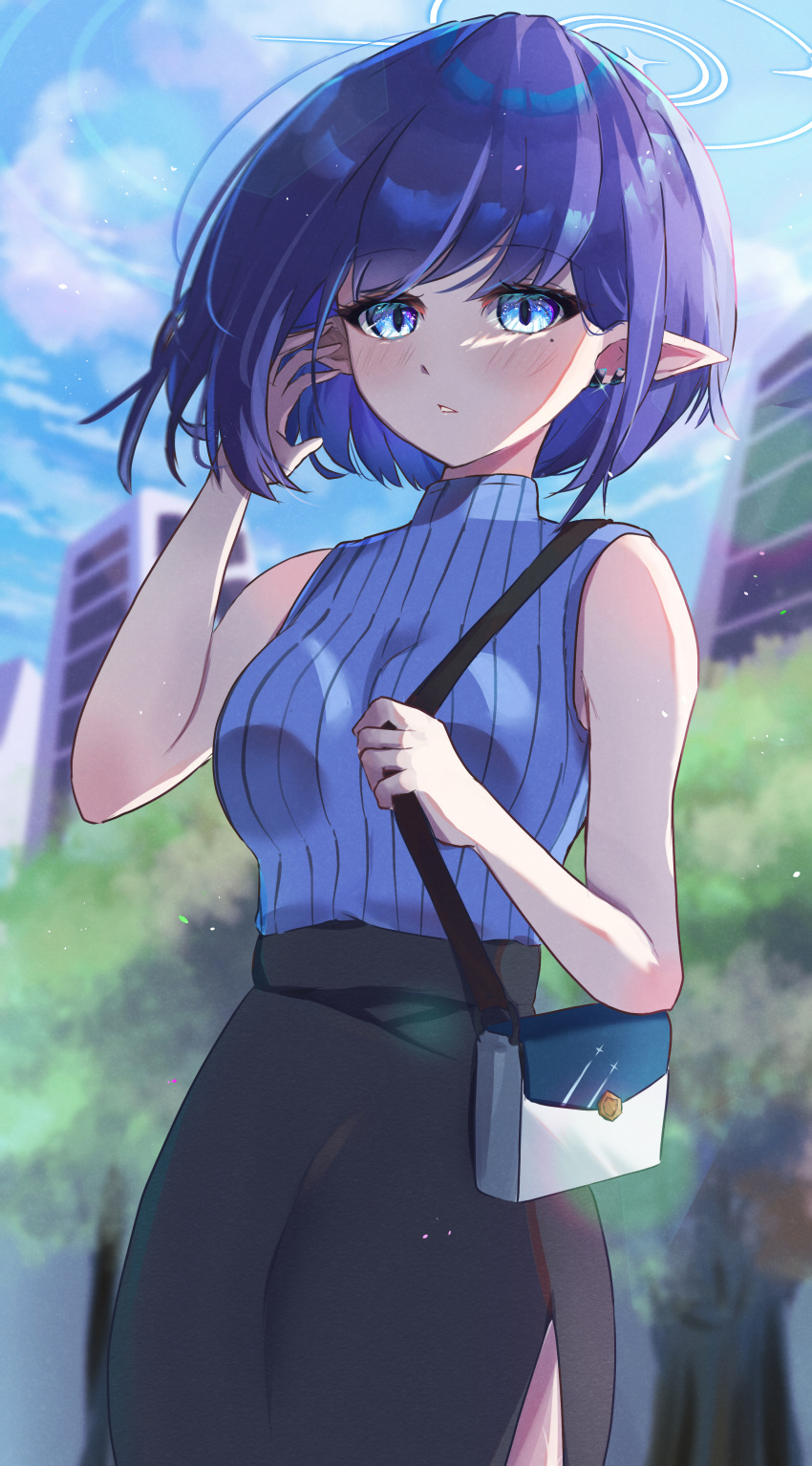 1girl absurdres alternate_costume aoi_(blue_archive) bag blue_archive blue_eyes blue_hair blue_halo blush casual city halo handbag highres jacket looking_at_viewer mole mole_under_eye pointy_ears shirt short_hair sleeveless sleeveless_shirt solo tree white_jacket wimawi