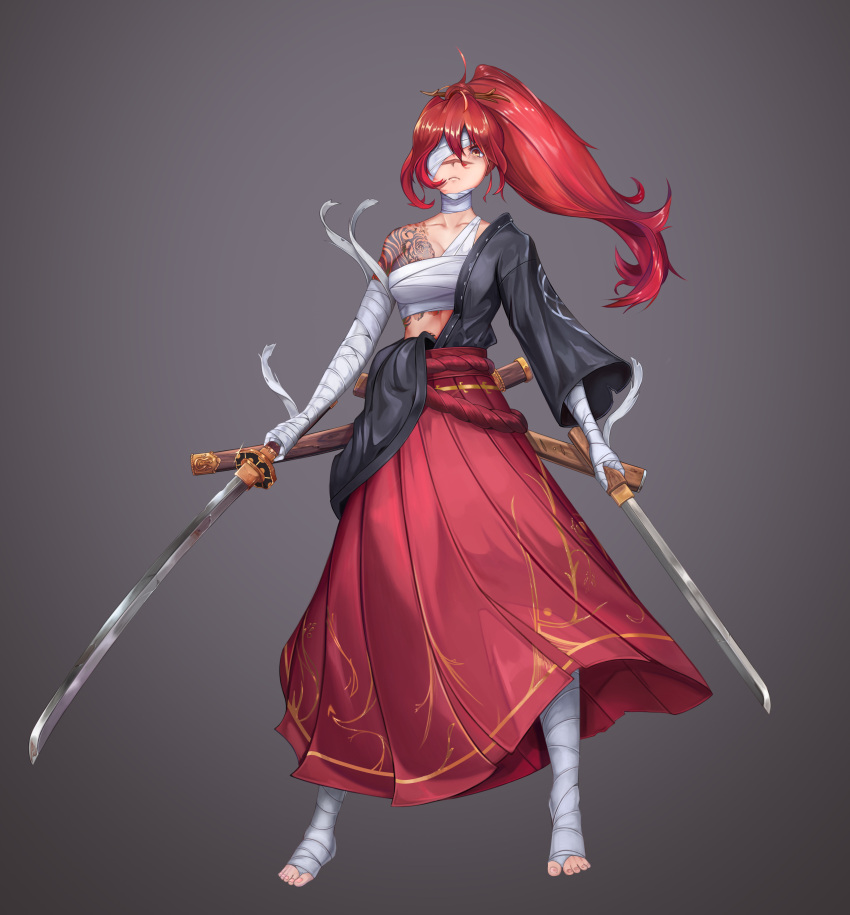 1girl absurdres angry bandage_over_one_eye bandaged_arm bandaged_hand bandaged_leg bandaged_neck bandages collarbone dual_wielding emblem feet glaring gold_trim gradient_background grey_background hair_ornament hair_stick highres holding holding_sword holding_weapon jong-ej katana long_hair long_skirt messy_hair midriff off-shoulder_shirt off_shoulder original ponytail print_request red_hair red_rope red_skirt rope samurai scabbard sheath shirt single_bare_shoulder skirt solo stick sword tattoo toenails toes weapon wind