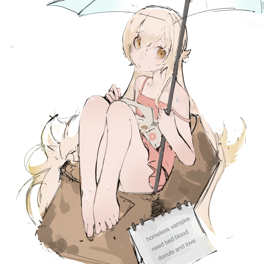 1girl absurdres bakemonogatari bare_legs bare_shoulders barefoot blonde_hair box camisole cardboard cardboard_box constricted_pupils english_text feet for_adoption hair_between_eyes highres holding holding_umbrella homeless in_box in_container knees_up long_hair monogatari_(series) off_shoulder oshino_shinobu pastry_box pink_camisole poverty pursed_lips shishirui_san sign thighs toes transparent transparent_umbrella umbrella very_long_hair water_drop wet white_background yellow_eyes