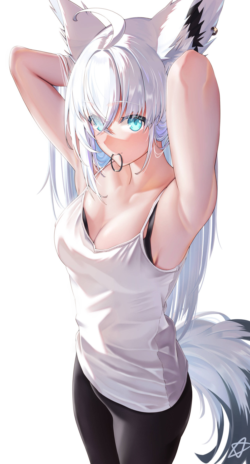 1girl absurdres ahoge alternate_costume animal_ear_fluff animal_ears arm_up armpits arms_behind_head arms_up blue_eyes breasts cleavage commentary_request earrings fox_ears fox_girl fox_tail hair_between_eyes hair_tie_in_mouth highres hololive jewelry long_hair looking_at_viewer medium_breasts mouth_hold pentagram shirakami_fubuki sidelocks simple_background single_earring sleeveless solo ta_shiuji30 tail virtual_youtuber white_background white_hair