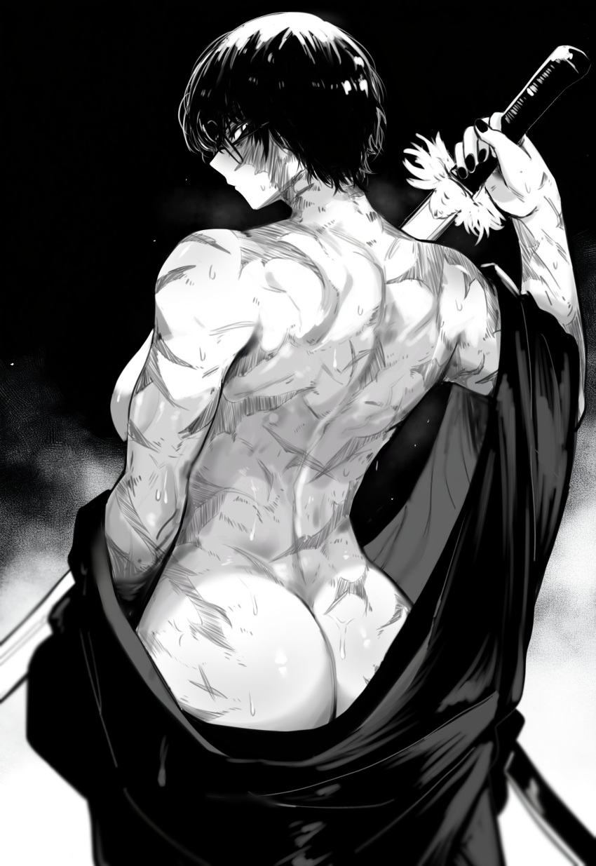 absurdres ass back back_focus burn_scar greyscale highres holding holding_sword holding_weapon jujutsu_kaisen monochrome muscular muscular_female nail_polish round_eyewear scar scar_on_arm scar_on_back scar_on_face short_hair sword weapon zen'in_maki zovokia