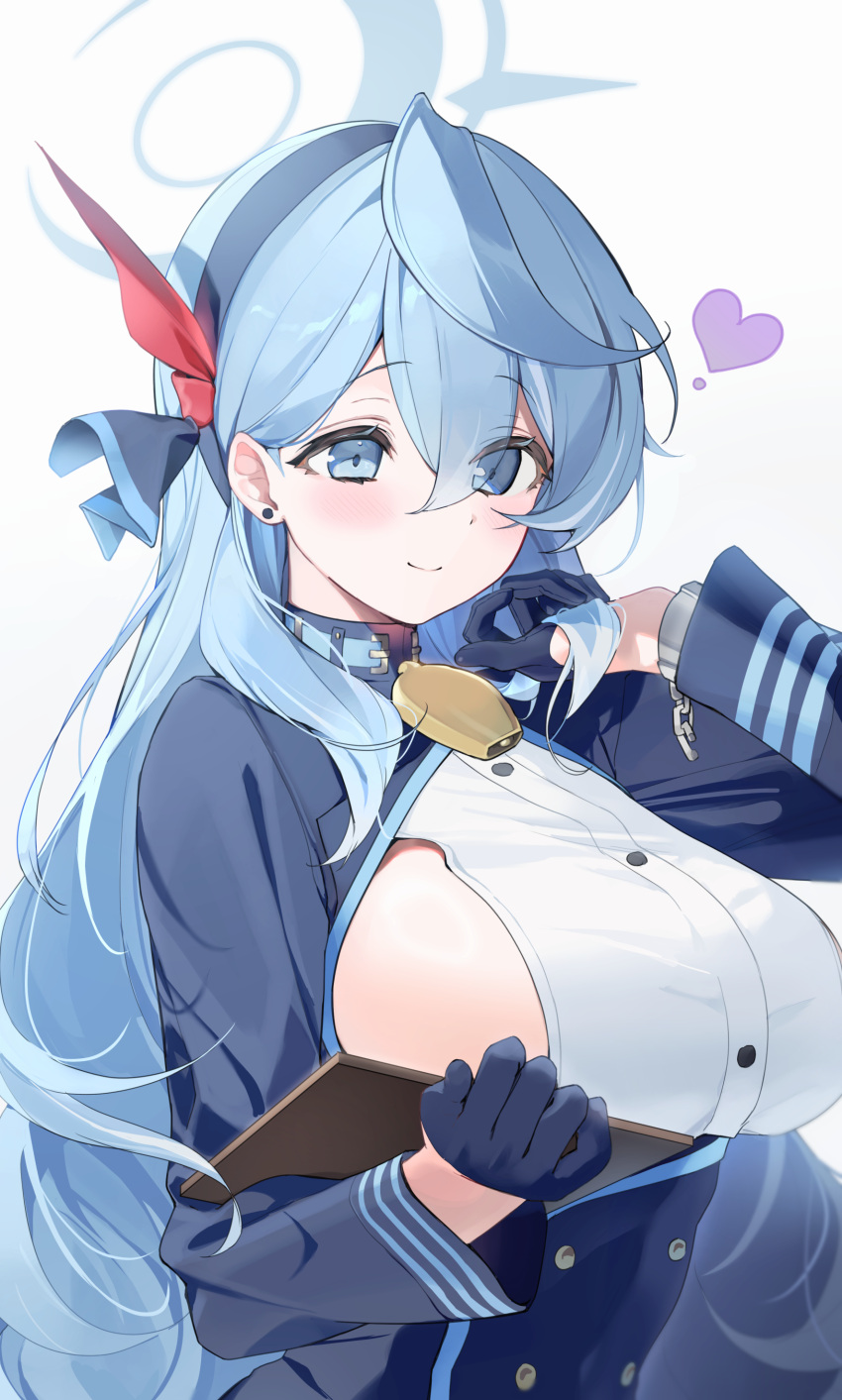 1girl absurdres ako_(blue_archive) alternate_hair_length alternate_hairstyle bell blue_archive blue_eyes blue_hair blue_jacket blush breasts clipboard commentary cuffs earrings gloves half_gloves halo heart highres holding holding_clipboard iop5509 jacket jewelry large_breasts long_hair looking_at_viewer neck_bell shackles shirt sideboob simple_background smile solo stud_earrings upper_body very_long_hair white_background white_shirt