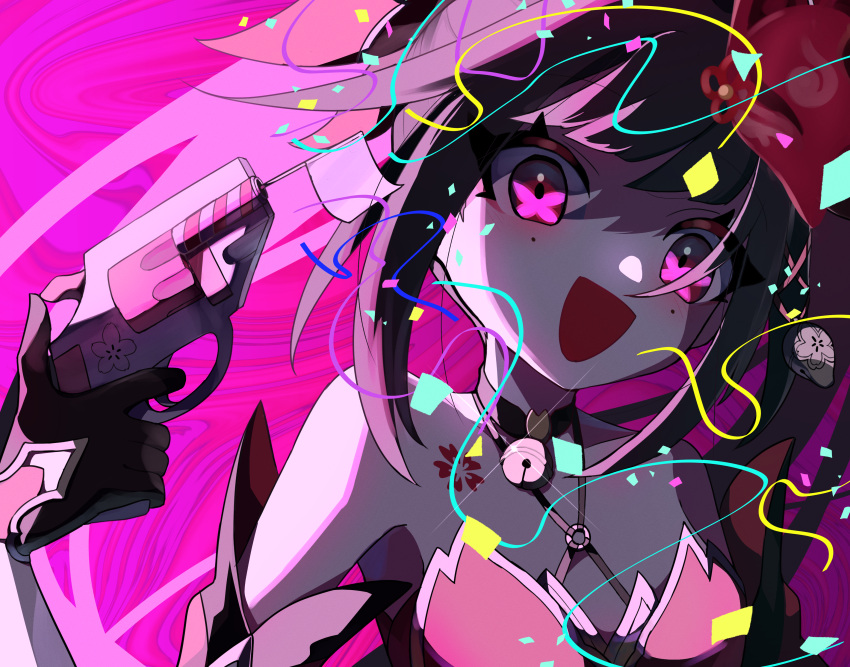 1girl :d absurdres bare_shoulders bell black_choker black_gloves blush brown_hair choker close-up confetti criss-cross_halter dress fox_mask gloves gun halterneck hand_up highres holding holding_gun holding_weapon honkai:_star_rail honkai_(series) long_hair mask mask_on_head nanananananana neck_bell o-ring open_mouth pink_background pink_eyes portrait red_dress revolver sidelocks simple_background sleeveless sleeveless_dress smile snubnosed_revolver solo sparkle_(honkai:_star_rail) toy_gun twintails weapon