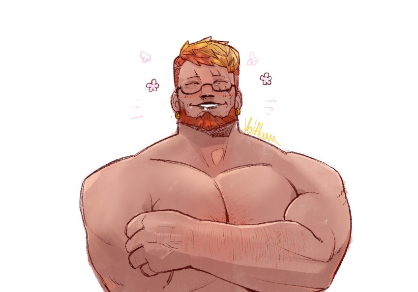 1boy beard blush covering_chest covering_privates facial_hair final_fantasy final_fantasy_xiv flower_(symbol) full_beard glasses happy_aura highres large_pectorals male_focus mature_male muscular muscular_male nude pectorals roegadyn scar short_hair shy solo sparse_arm_hair sparse_chest_hair thick_beard thick_eyebrows upper_body volflamm warrior_of_light_(ff14)