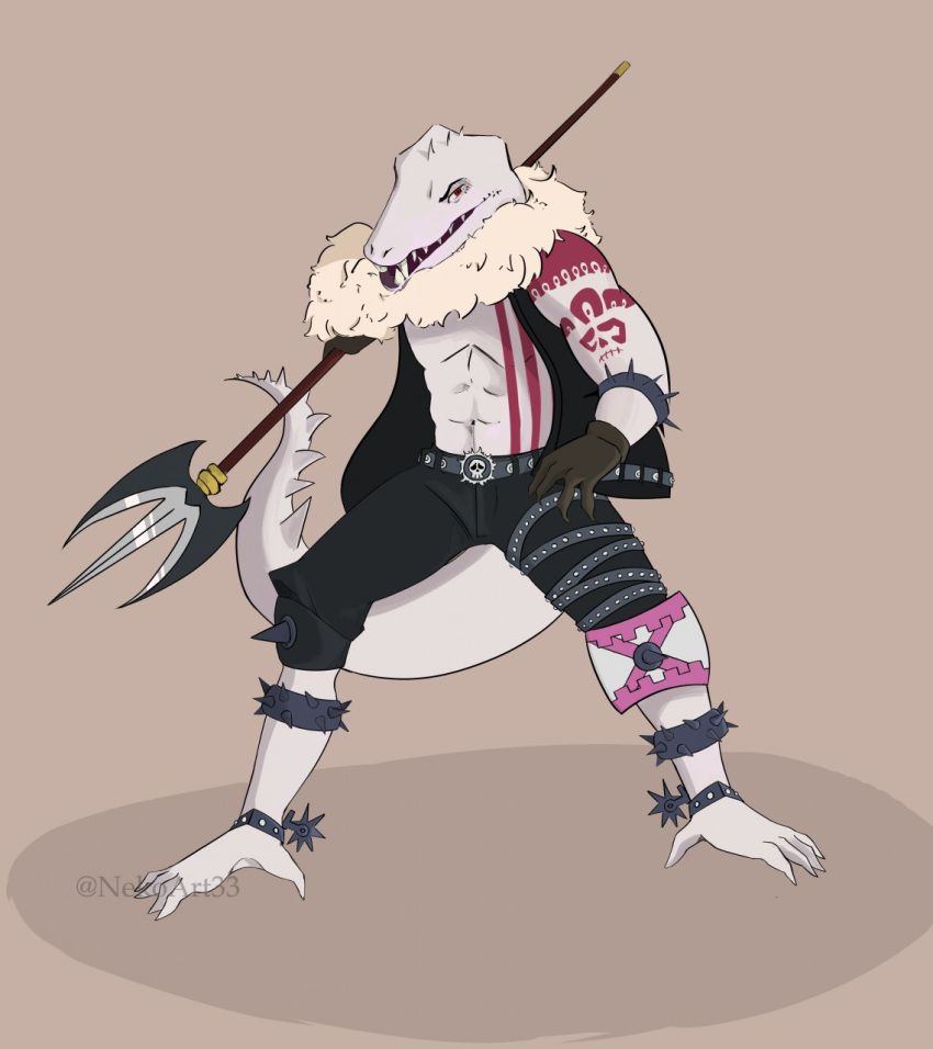 2019 abs anthro belt bottomwear clothing crocodile crocodilian crocodylid gloves handwear hi_res jacket katakuri male melee_weapon nekoart33 one_piece pants polearm reptile scalie solo spear topwear weapon