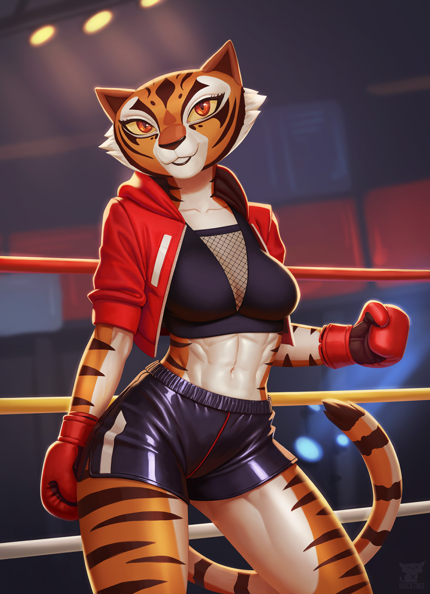 2024 abs anthro athletic athletic_anthro athletic_female black_nose black_stripes bottomwear boxing_gloves breasts cleavage clothed clothing dreamworks felid female fighting_ring fur hacatiko handwear hi_res jacket kung_fu_panda mammal master_tigress multicolored_body multicolored_fur navel orange_body orange_fur pantherine shorts smile solo striped_body striped_fur stripes tiger topwear two_tone_body two_tone_fur white_body white_fur