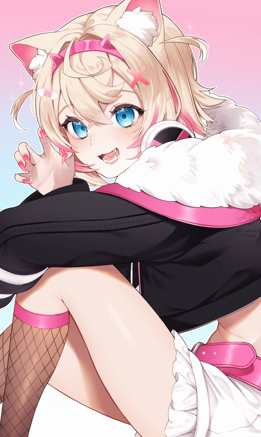 1girl absurdres animal_ear_fluff animal_ears bandaid bandaid_hair_ornament belt black_jacket blonde_hair blue_eyes cropped_jacket dog_ears dog_girl fang fishnet_socks fishnets frilled_shorts frills fur-trimmed_jacket fur_trim hair_ornament hana_kuro3 highres hololive hololive_english jacket looking_at_viewer medium_hair mococo_abyssgard mococo_abyssgard_(1st_costume) multicolored_hair open_mouth pink_belt pink_hair pink_nails short_shorts shorts smile socks solo streaked_hair virtual_youtuber white_shorts x_hair_ornament