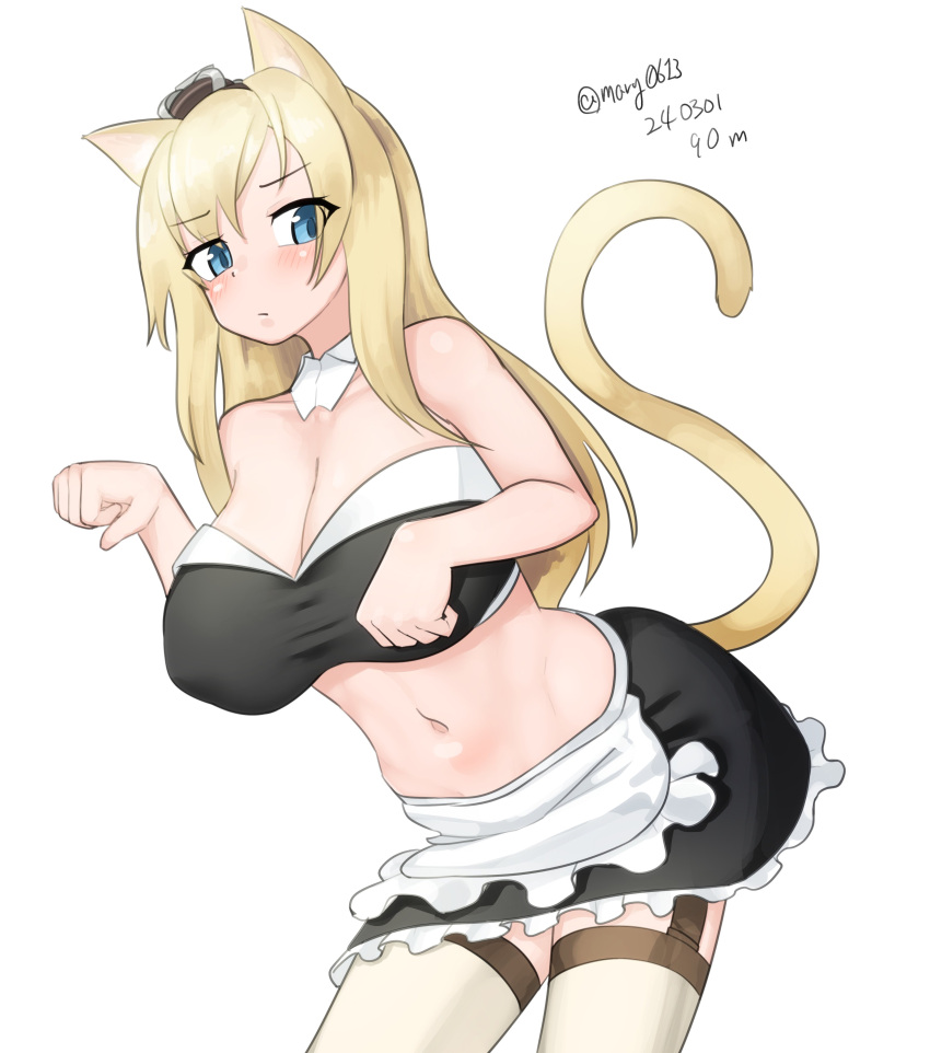 1girl absurdres alternate_costume animal_ears apron bandeau black_bandeau black_skirt blonde_hair blue_eyes breasts cat_ears cat_tail cleavage crop_top crown dated detached_sleeves frilled_skirt frills garter_straps highres kantai_collection large_breasts leaning_forward long_hair maru_(marg0613) midriff mini_crown navel one-hour_drawing_challenge pencil_skirt pleated_skirt simple_background skirt solo tail thighhighs twitter_username waist_apron warspite_(kancolle) white_apron white_background white_thighhighs