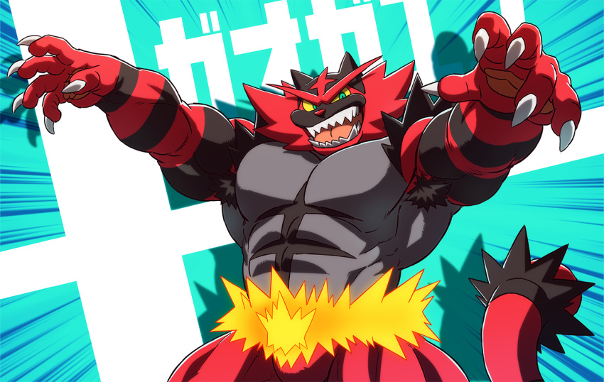 2018 abs anthro biceps black_fur claws digital_media_(artwork) feline fur hi_res incineroar male mammal muscular nintendo pok&eacute;mon pok&eacute;mon_(species) red_fur rossciaco simple_background solo teeth video_games