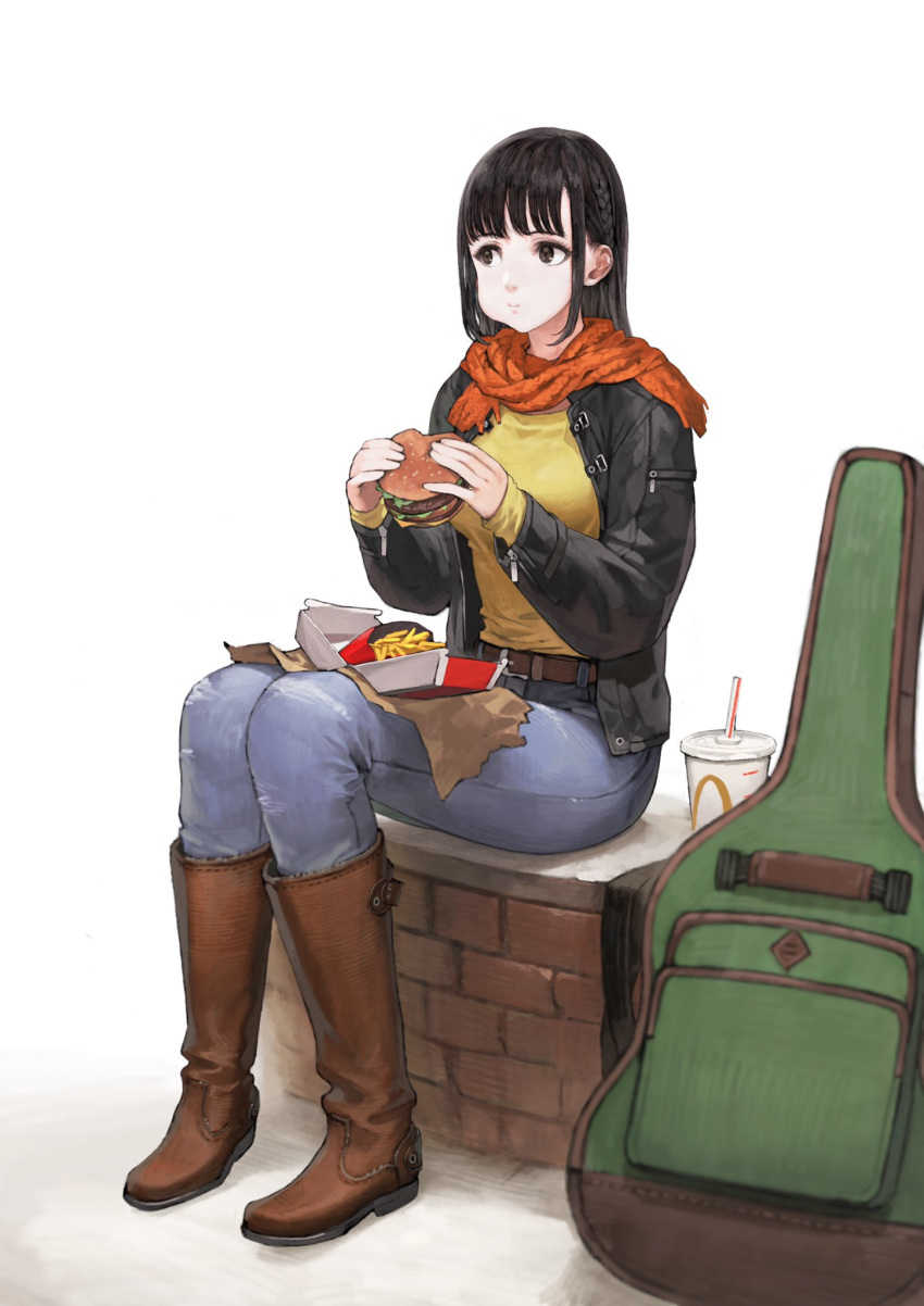 :t bangs belt black_eyes black_hair black_jacket boots braid breasts brick_wall brown_footwear cheek_bulge commentary cup denim disposable_cup drinking_straw eating eyeliner fast_food food french_fries full_body guitar_case hamburger highres holding holding_food instrument_case jacket jeans jun_(seojh1029) knee_boots leather leather_boots leather_jacket long_hair long_sleeves looking_away makeup mcdonald's medium_breasts on_wall open_clothes open_jacket orange_scarf original pants scarf shirt side_braid simple_background sitting solo white_background yellow_shirt