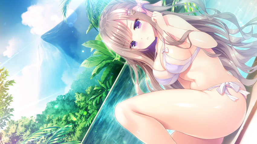 bikini blush bow breasts brown_hair can_can_bunny_premiere_3 game_cg long_hair navel purple_eyes suzaki_kagome swimsuit tagme_(artist) water