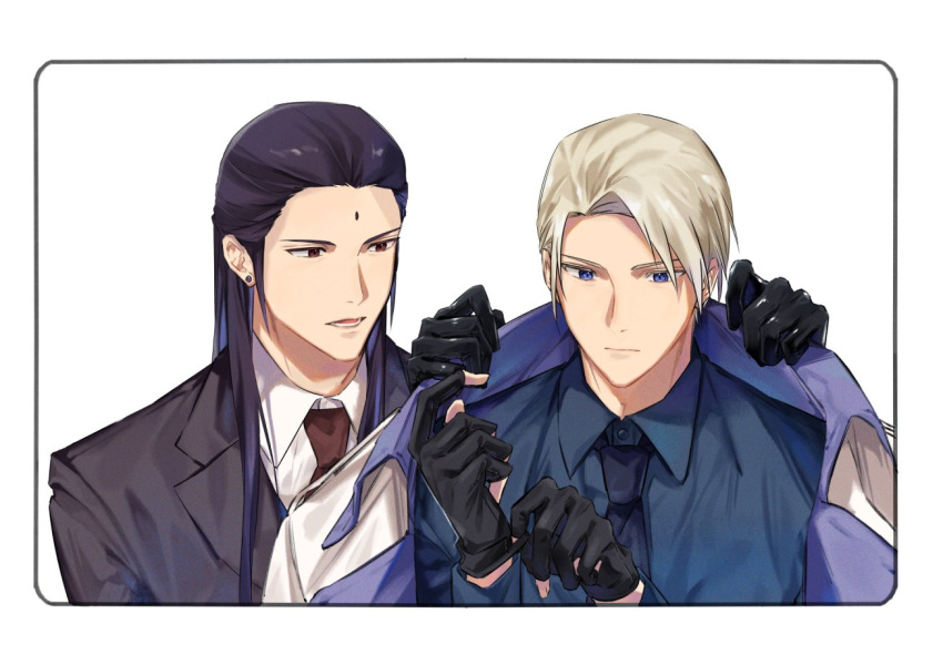 2boys adjusting_clothes adjusting_gloves bindi black_gloves black_hair black_jacket black_necktie black_suit blonde_hair blue_eyes border brown_eyes coat collared_shirt earrings final_fantasy final_fantasy_vii final_fantasy_vii_rebirth final_fantasy_vii_remake gloves grey_shirt hair_pulled_back jacket jacket_on_shoulders jewelry long_hair male_focus multiple_boys necktie parted_bangs parted_lips rufus_shinra shirt short_hair sidelocks suit suit_jacket talking tseng upper_body white_background white_border white_coat white_shirt yunyunonigiri