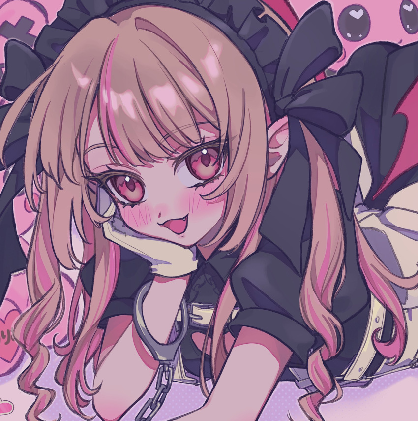 1girl black_dress blush close-up cuffs dress fang gloves grey_hair handcuffs highres looking_at_viewer maid_headdress makaino_ririmu makaino_ririmu_(5th_costume) multicolored_hair nijisanji open_mouth pink_eyes pink_hair pointy_ears pururu_ru6 short_hair smile solo stuffed_animal stuffed_rabbit stuffed_toy two-tone_hair virtual_youtuber white_gloves