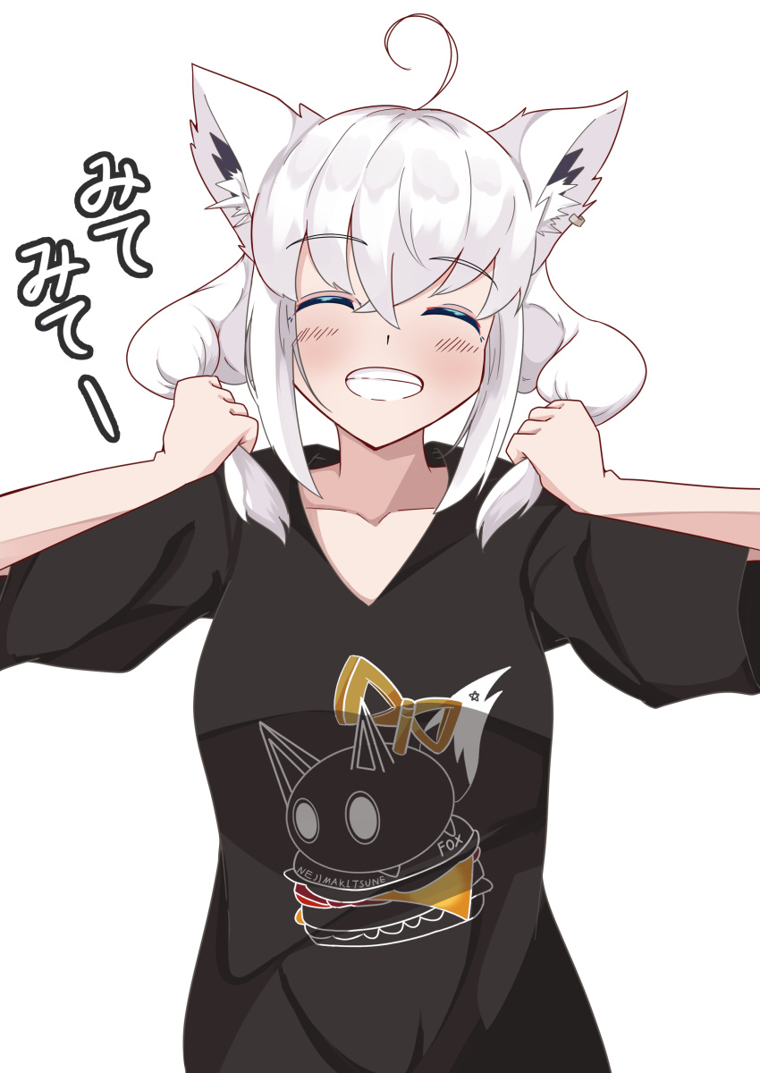 1girl absurdres ahoge animal_ear_fluff animal_ears black_shirt burger closed_eyes collarbone commentary_request earrings food fox_ears fox_girl grin hair_between_eyes hands_up highres holding_own_hair hololive hoop_earrings jewelry light_blush long_hair nejima_kitsune_(shirakami_fubuki) official_alternate_costume pentagram sasamiya shirakami_fubuki shirakami_fubuki_(loungewear) shirt sidelocks simple_background single_earring smile solo translation_request upper_body virtual_youtuber white_background white_hair