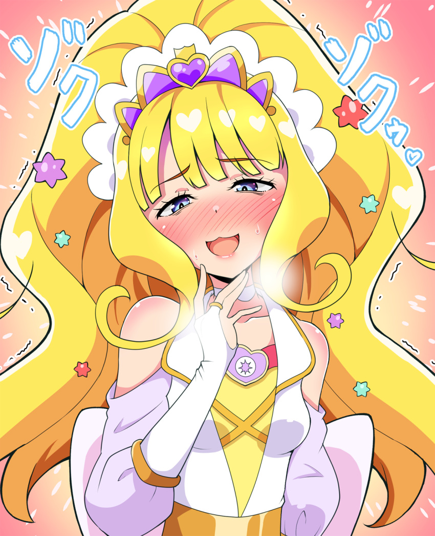 1girl back_bow blonde_hair blue_eyes blunt_bangs blush bow breath bridal_gauntlets brooch candy candy_hair_ornament choker clothing_cutout commentary cure_finale delicious_party_precure elbow_gloves food food-themed_hair_ornament gloves hair_ornament half-closed_eyes heart heart_brooch highres jacket jewelry kaatsu_katsurou kasai_amane konpeitou large_bow long_hair looking_at_viewer magical_girl open_mouth precure shoulder_cutout smile solo sweat tiara translated trembling white_bow white_choker white_gloves white_jacket wide_ponytail