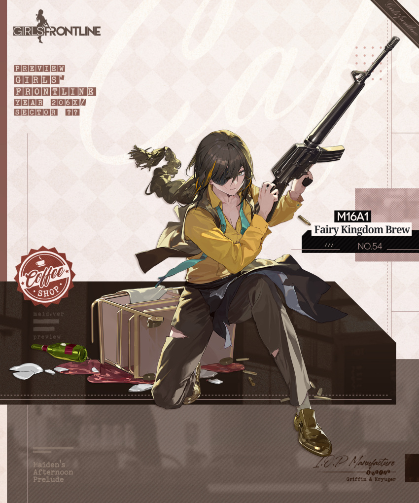 1girl alcohol apron aqua_necktie artist_request assault_rifle black_apron bottle braid breasts broken_plate brown_background brown_pants brown_vest casing_ejection character_name cleavage closed_mouth commentary copyright_name english_commentary eyepatch full_body girls'_frontline grey_eyes gun highres holding holding_gun holding_weapon kneeling long_hair long_sleeves looking_at_viewer m16 m16a1 m16a1_(fairy_kingdom_brew)_(girls'_frontline) m16a1_(girls'_frontline) mole mole_under_eye multicolored_background necktie official_alternate_costume official_art open_clothes open_vest pants partially_unbuttoned plate promotional_art rifle scar scar_across_eye second-party_source serving_cart shell_casing shirt shoes simple_background socks spill torn_apron torn_clothes torn_pants towel very_long_hair vest waist_apron waiter weapon white_background white_socks wine wine_bottle yellow_footwear yellow_shirt