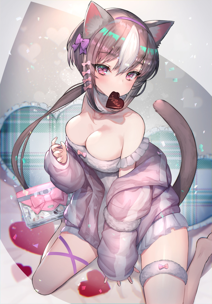 1girl 2020 animal_ear_fluff animal_ears bare_shoulders barefoot blush bow breasts candy cat_ears cat_girl cat_tail chocolate cleavage dress food frilled_dress frilled_pillow frills fur_collar grey_hair grey_tail hair_bow hairband hand_up heart heart-shaped_chocolate heart-shaped_pillow highres hitowa jacket jacket_partially_removed large_breasts looking_at_viewer mouth_hold multicolored_hair open_clothes open_jacket original pillow pink_bow pink_eyes pink_jacket purple_bow purple_hairband sidelocks sitting sleeves_past_wrists solo streaked_hair tail thigh_strap wariza white_dress white_hair