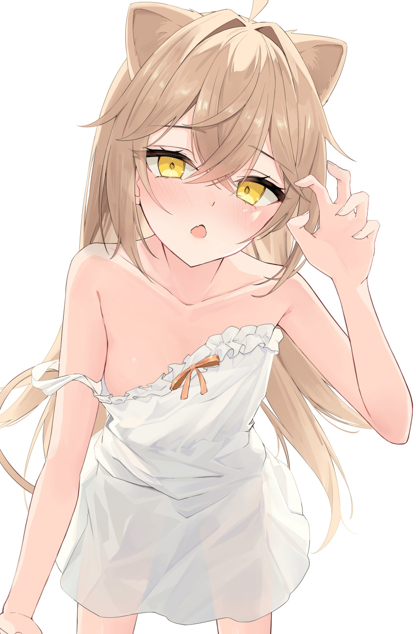 1girl absurdres ahoge animal_ears bare_arms bare_shoulders blush breasts brown_hair collarbone commentary cowboy_shot double_strap_slip dress expressionless hair_between_eyes hair_intakes highres indie_virtual_youtuber lion_ears long_hair looking_at_viewer nama_tt1786 open_mouth rurudo_lion rurudo_lion_(1st_costume) see-through see-through_dress simple_background sleeveless sleeveless_dress small_breasts solo strap_slip sundress virtual_youtuber white_background white_dress yellow_eyes