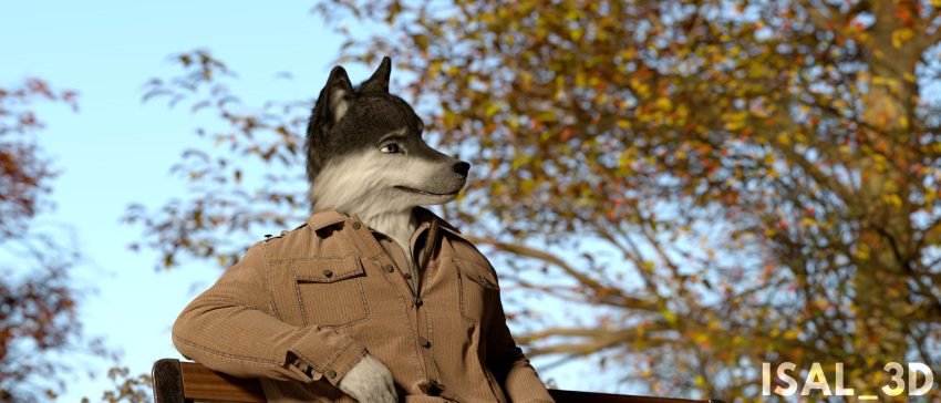 anthro autumn bench blue_eyes canid canine canis clothed clothing detailed detailed_background detailed_fur digital_media_(artwork) eyebrows fur grey_body grey_fur hi_res isal male mammal park park_bench plant solo tree white_body white_eyebrows white_fur wolf