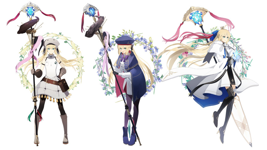 1girl absurdres ahoge armor artoria_caster_(fate) artoria_caster_(first_ascension)_(fate) artoria_caster_(second_ascension)_(fate) artoria_caster_(third_ascension)_(fate) artoria_pendragon_(fate) black_gloves black_leggings blonde_hair blue_cape blue_footwear blue_hat bow breastplate cape crown fate/grand_order fate_(series) flower_wreath gloves green_eyes grey_footwear grey_hat hair_bow hat highres holding holding_staff leggings ninjin_(ne_f_g_o) staff sword twintails variations weapon white_cape