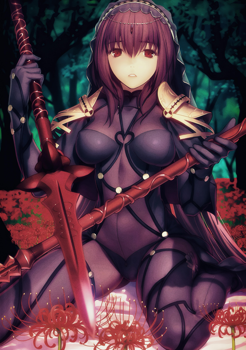 1girl absurdres armor bodysuit breasts brown_hair diadem dual_wielding fate/grand_order fate_(series) flower forest gae_bolg_(fate) gem highres holding holding_weapon kneeling koyama_hirokazu long_hair looking_at_viewer medium_breasts nature official_art on_ground outdoors parted_lips pauldrons polearm purple_bodysuit red_eyes resized scathach_(fate) shoulder_armor sitting skin_tight solo spear spider_lily tree upscaled veil very_long_hair waifu2x wariza weapon